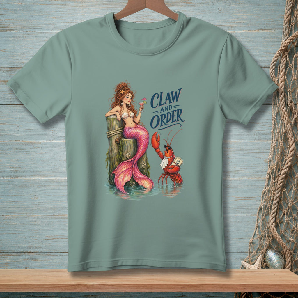 Mermaid with cocktail and lobster waiter with text "Claw and Order".