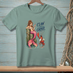 Mermaid with cocktail and lobster waiter with text "Claw and Order".