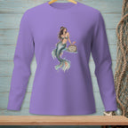 Long-sleeve purple shirt with mermaid graphic and "Free Advice" sign.