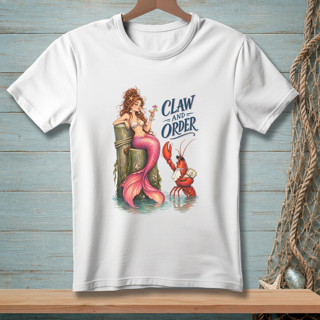 Mermaid with pink tail and lobster with briefcase, text "CLAW AND ORDER".