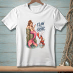 Mermaid with pink tail and lobster with briefcase, text "CLAW AND ORDER".