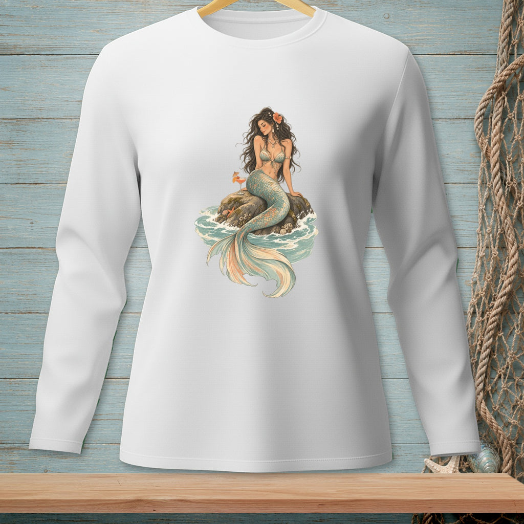 Long-sleeved white shirt with a mermaid sitting on a rock with a drink.