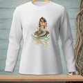 Long-sleeved white shirt with a mermaid sitting on a rock with a drink.