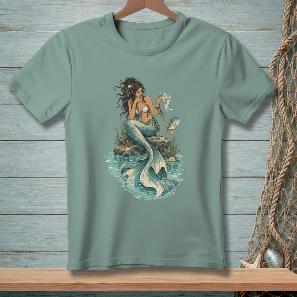 Mermaid with map and fish on rock in water, on a teal t-shirt.