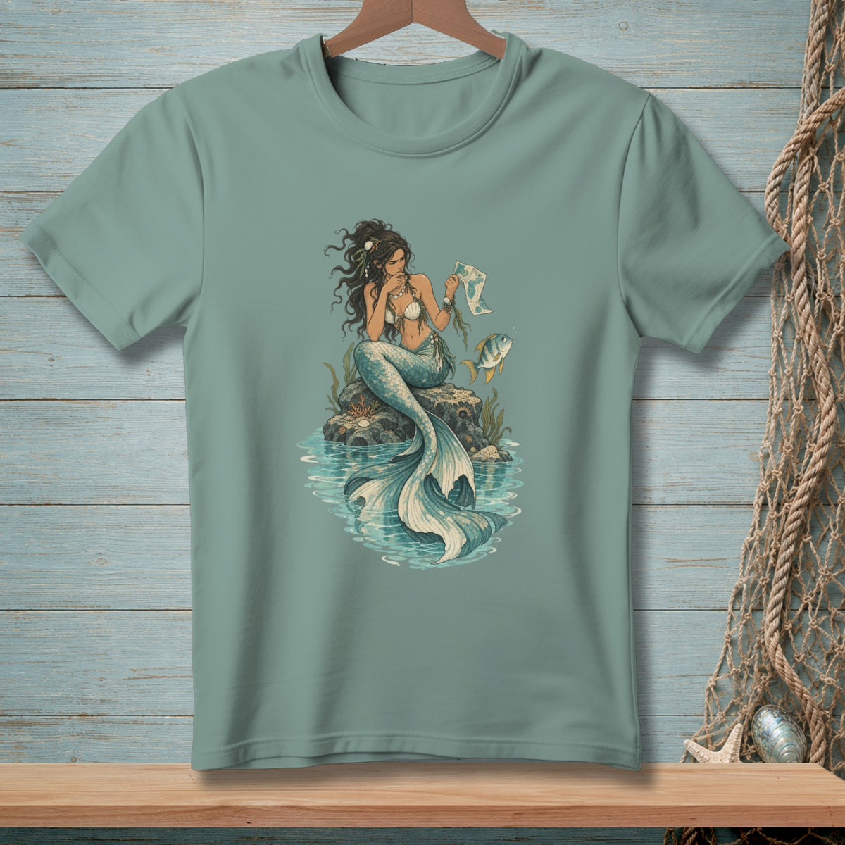 Mermaid with map and fish on rock in water, on a teal t-shirt.