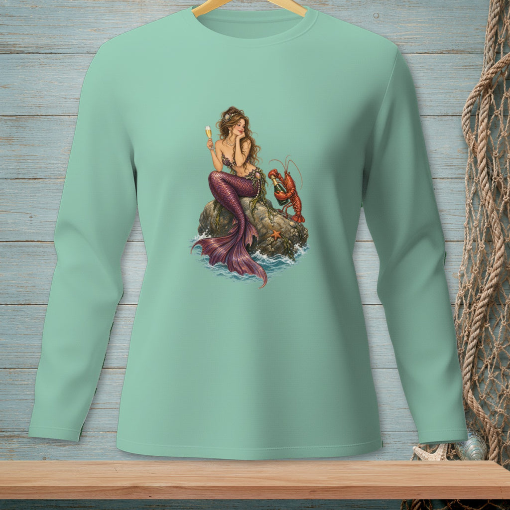 Mermaid sitting on a rock with a lobster and champagne.