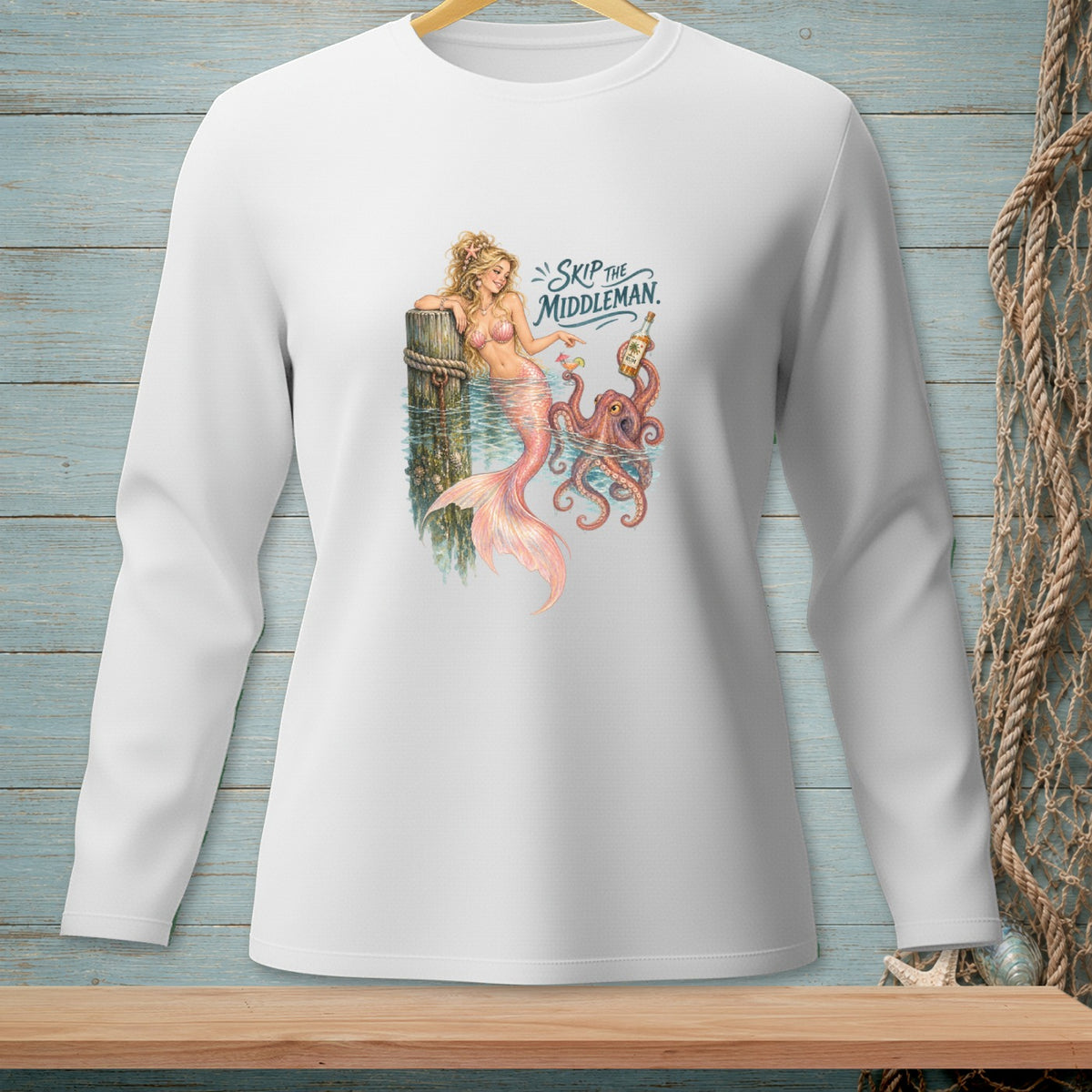 White long-sleeve shirt with a mermaid, octopus, and "Skip the Middleman" text.