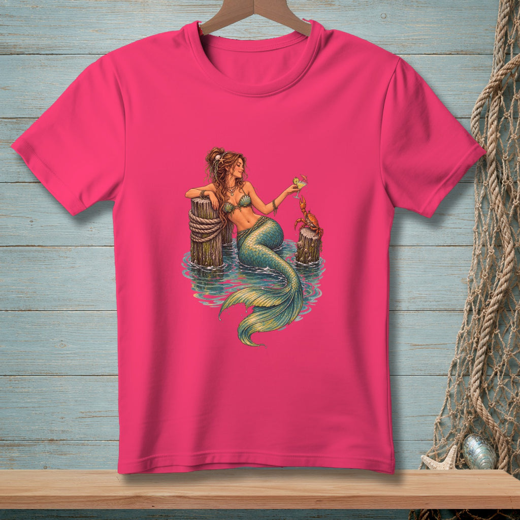 Pink t-shirt with a mermaid holding a drink and a crab.