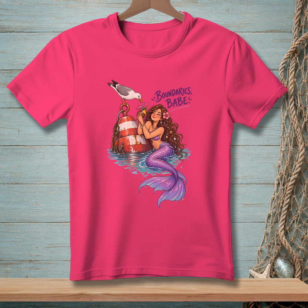 Pink t-shirt with mermaid, buoy, seagull, and "Boundaries, Babe" text.