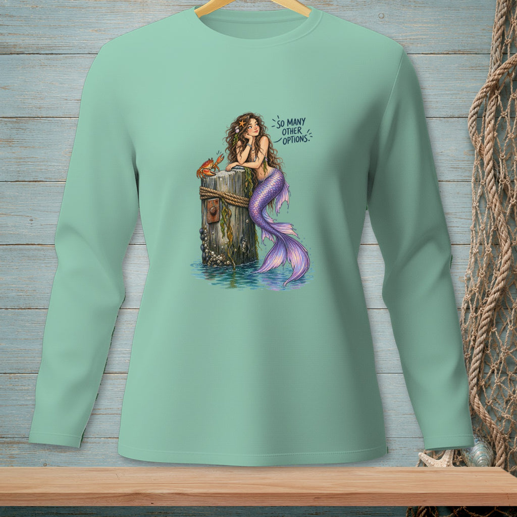 Mint long sleeve shirt with mermaid and crab graphic and text "so many other options".