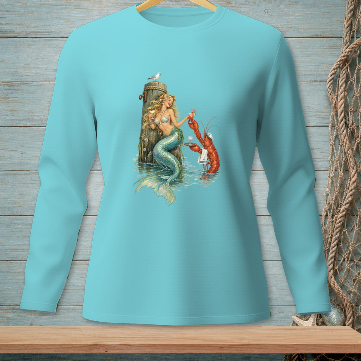 Mermaid holding a cocktail with a lobster waiter and a seagull.