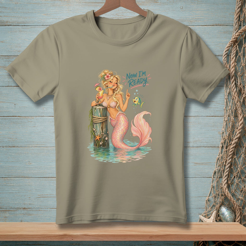 Mermaid with pink tail holding drink and fish saying "Now I'm Ready."