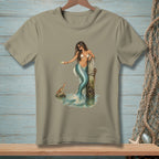 Mermaid with cocktail leaning on a wooden post, small crab on a rock.
