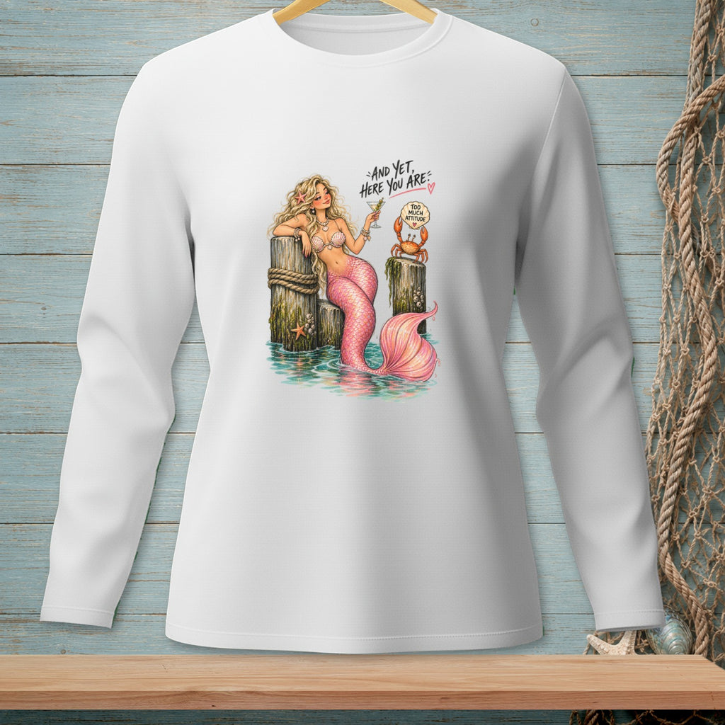 Mermaid with pink tail and cocktail, next to a crab with "Too Much Attitude" speech bubble.