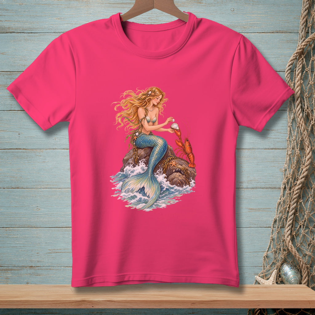 Pink t-shirt with a mermaid holding a pearl next to a lobster.