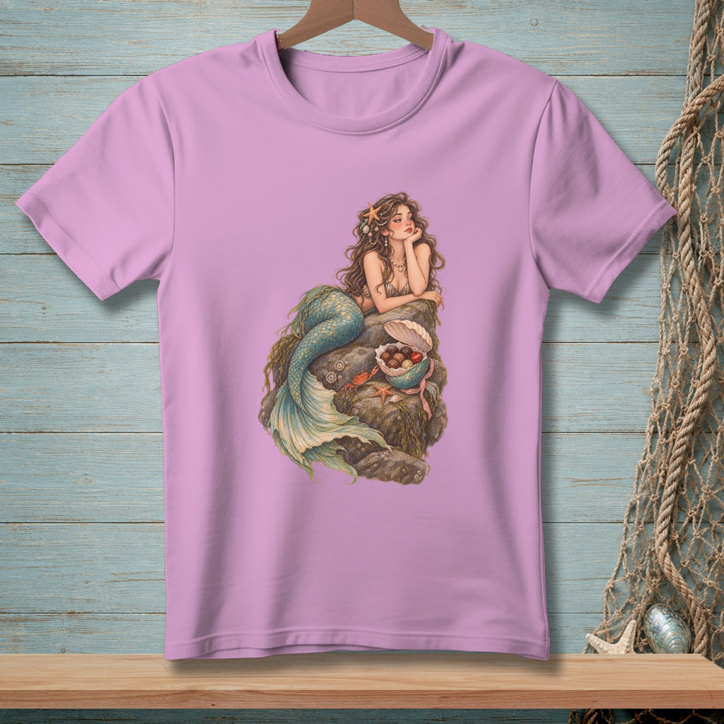 Purple t-shirt with a detailed illustration of a mermaid sitting on rocks with shells.