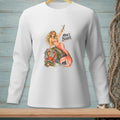 White long-sleeve shirt with a graphic of a mermaid, crab, and text "Mine's Bigger."