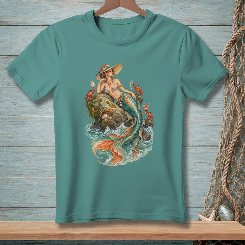 Mermaid with crabs and starfish on a rock, wearing a wide-brimmed hat.