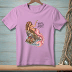Pink t-shirt with a mermaid, crab, and text "You'll ADJUST."