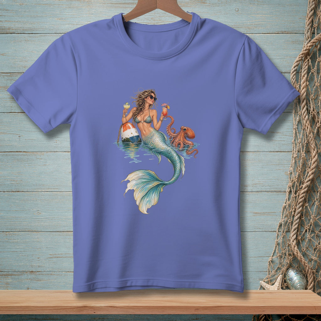 Mermaid with octopus and drinks by a buoy on a blue t-shirt.