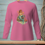 Pink long-sleeve shirt with a graphic of a mermaid and octopus holding drinks.