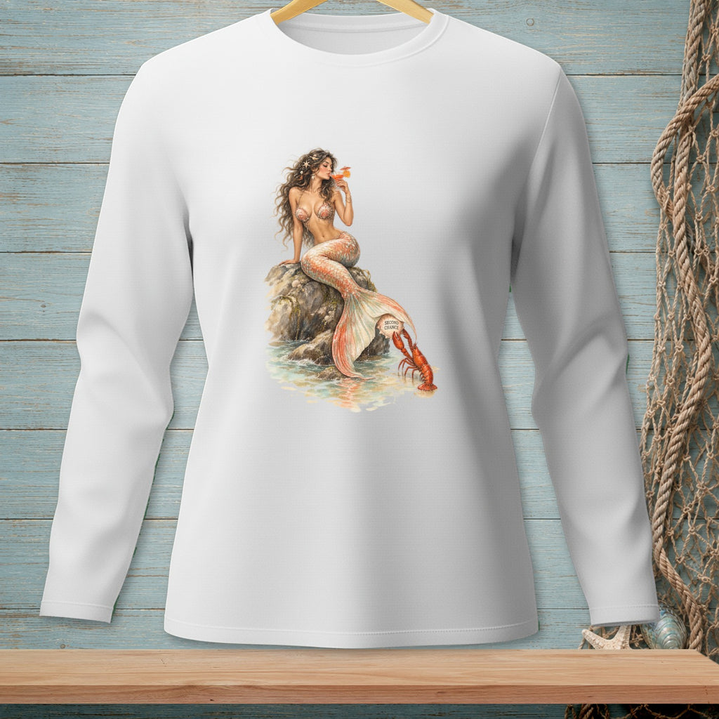 White long-sleeve shirt with a mermaid and lobster graphic.