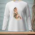 White long-sleeve shirt with a mermaid and lobster graphic.
