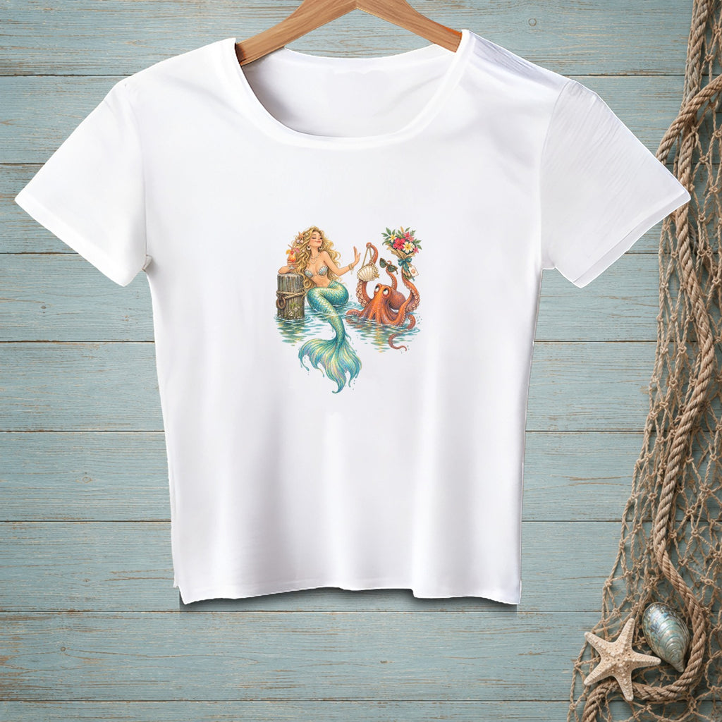 Mermaid and octopus illustration on a white t-shirt with ocean theme.