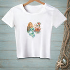 Mermaid and octopus illustration on a white t-shirt with ocean theme.