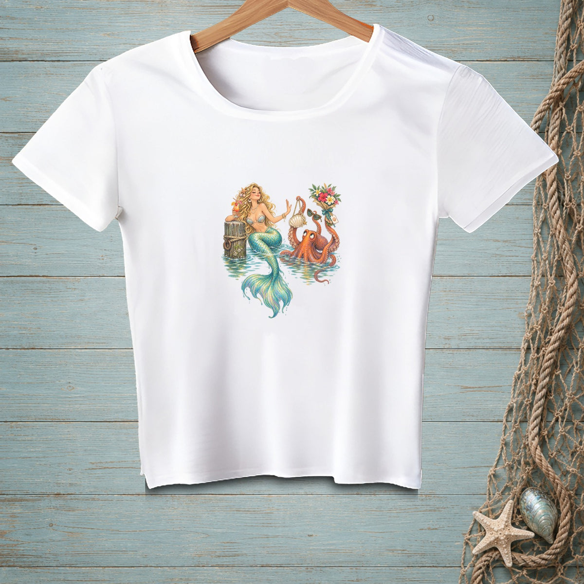 Mermaid and octopus illustration on a white t-shirt with ocean theme.