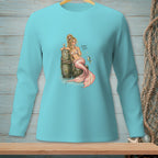 Long sleeve aqua t-shirt with a blonde mermaid illustration and "Indoor Voice" text.
