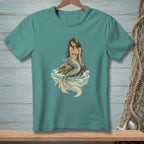 Teal t-shirt with vintage mermaid illustration on a rock in the ocean.