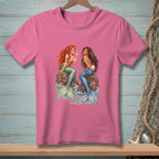 Two mermaids, one with red hair and one with dark hair, sit on rocks in the ocean.