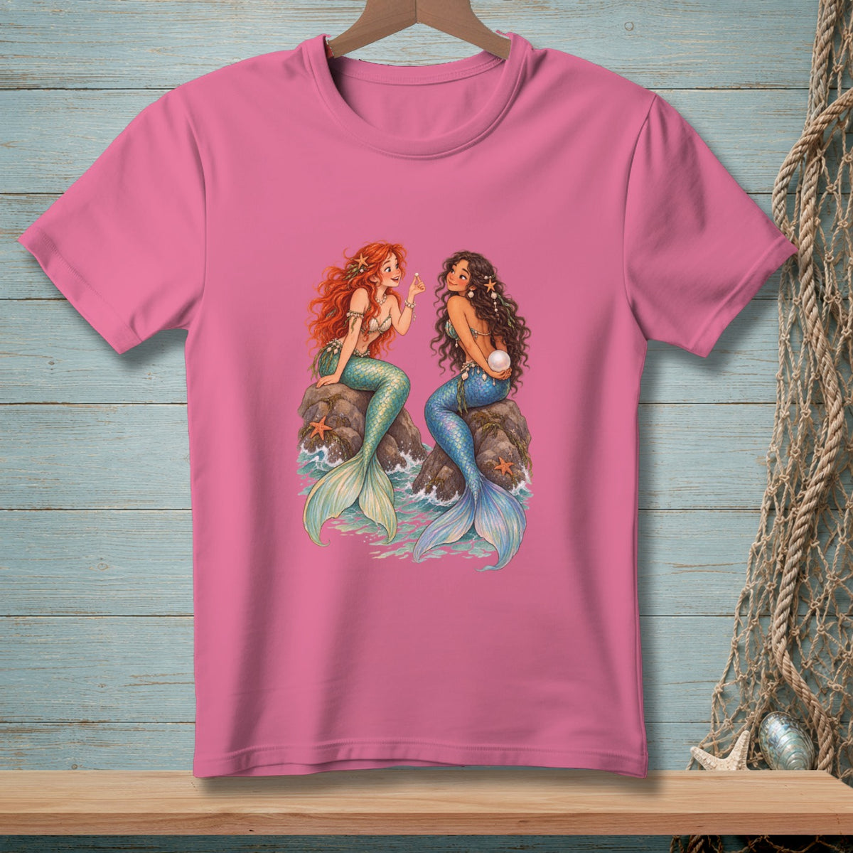 Two mermaids, one with red hair and one with dark hair, sit on rocks in the ocean.