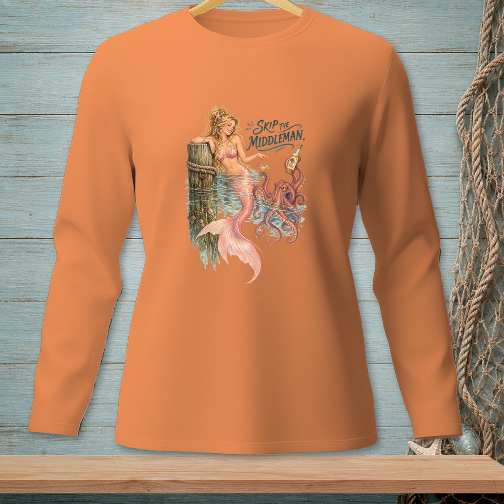 Mermaid and octopus illustration with text "SKIP THE MIDDLEMAN" on orange shirt.