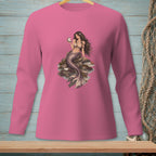 Pink long-sleeve shirt with a detailed print of a mermaid holding a pearl.