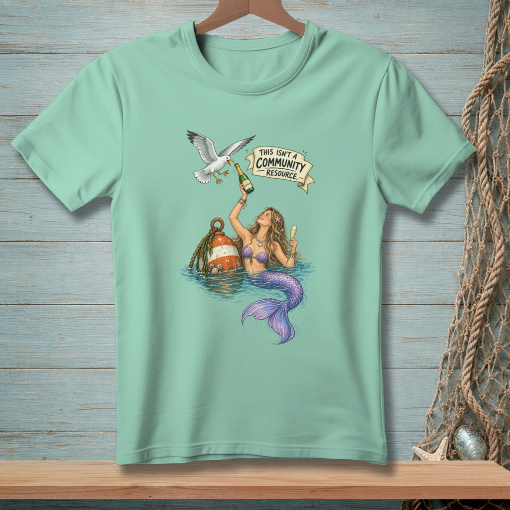 Mermaid holding champagne, gull with bottle, and buoy with text.