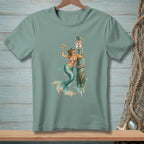 Mermaid with a drink leans on a pole with a "No Drinking" sign.