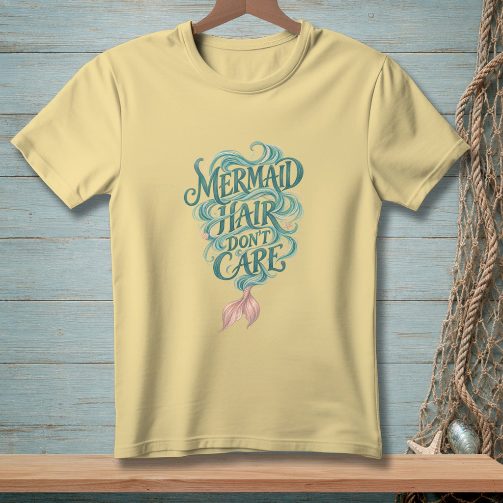 Yellow t-shirt with "Mermaid Hair Don't Care" graphic and a pink mermaid tail.