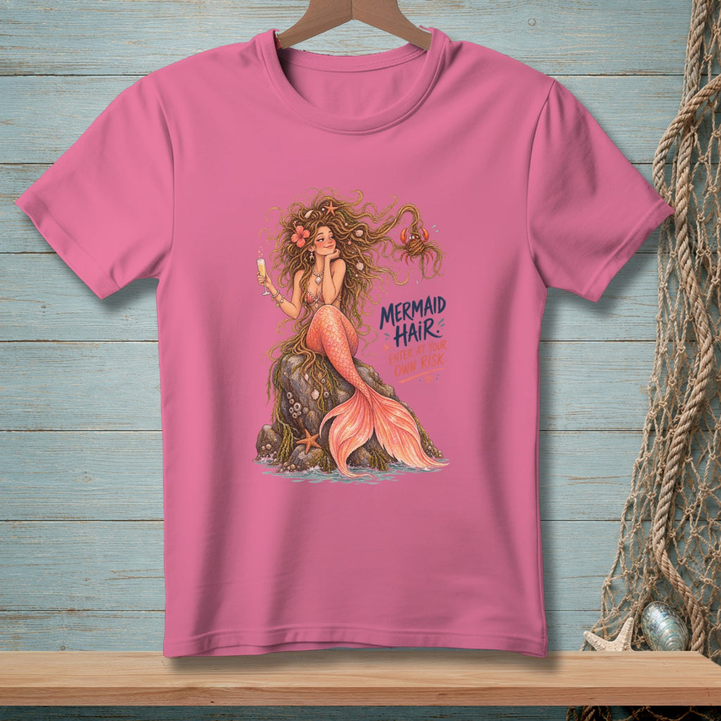 Pink t-shirt with mermaid graphic and text "MERMAID HAIR".