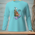 Teal long-sleeve shirt with mermaid holding umbrella, seagull, and text "I KNOW YOUR KIND".