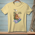 Light yellow t-shirt with a mermaid and seagull graphic, saying "I know your kind."