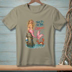 Mermaid with pink tail sits on post with crab, text "Talk to the tail, Crabcake."