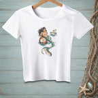 White t-shirt with illustration of a mermaid and a boat with text "I'M GOOD".