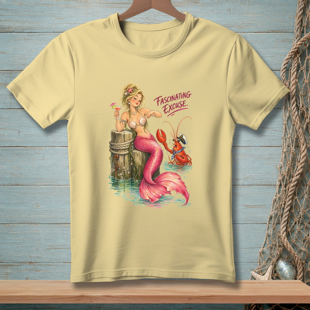 Mermaid with pink tail holds a drink by a dock, with a lobster and text "Fascinating Excuse."
