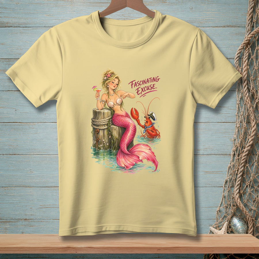 Mermaid with pink tail holds a drink by a dock, with a lobster and text "Fascinating Excuse."