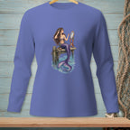 Mermaid sitting on dock, looking in mirror with purple tail.