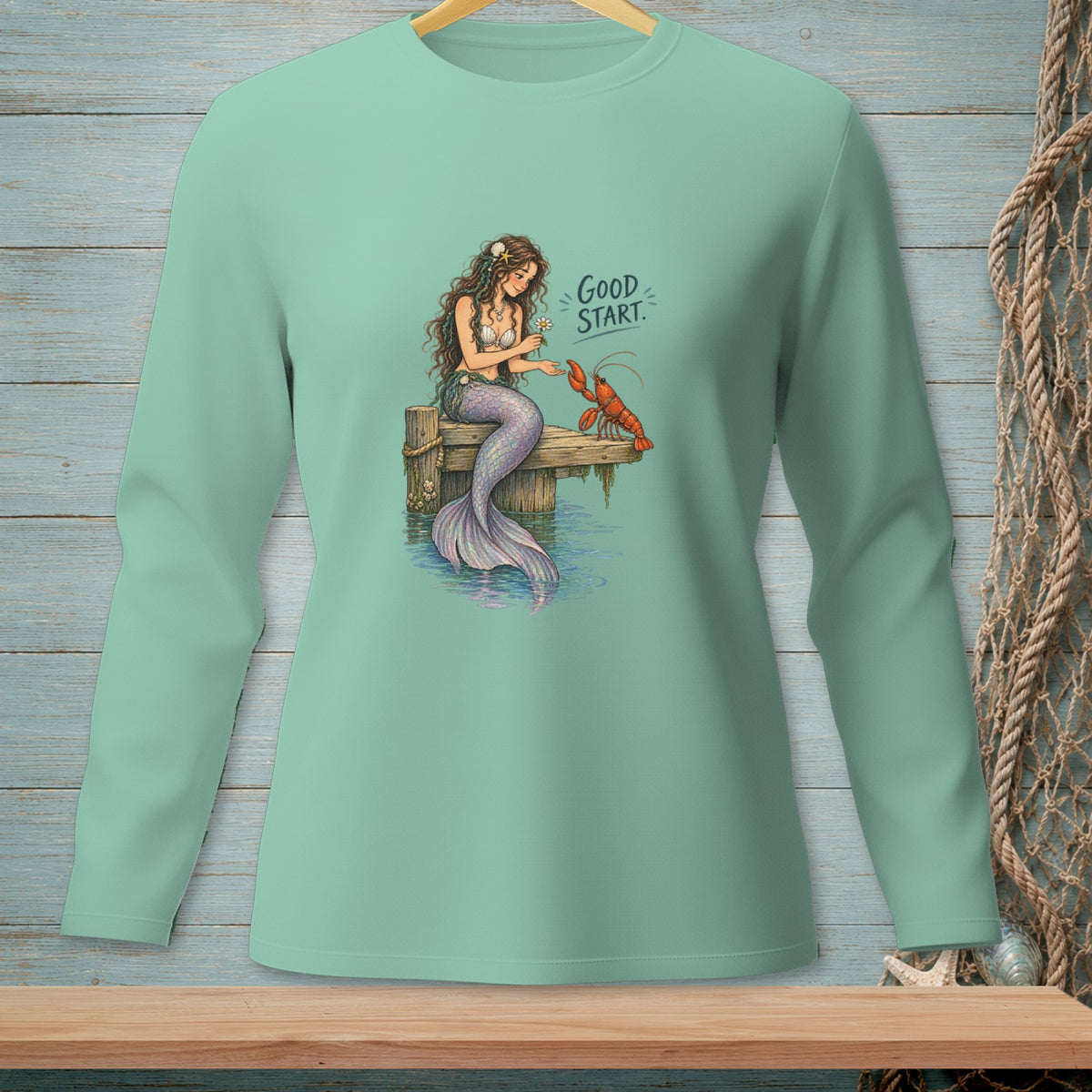 Mermaid offering flower to lobster with text "GOOD START."