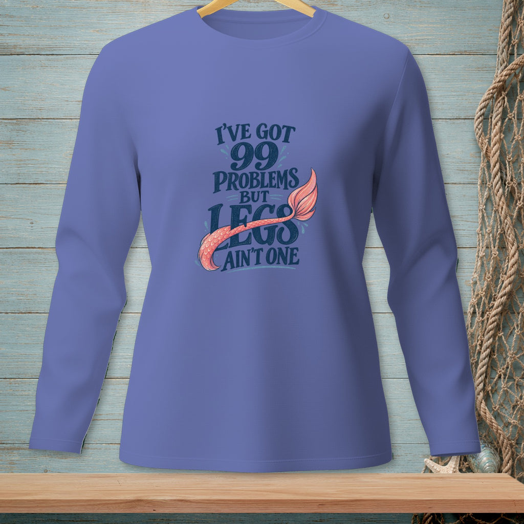 Lavender long-sleeve shirt with text "I've got 99 problems but legs ain't one" and a mermaid tail.