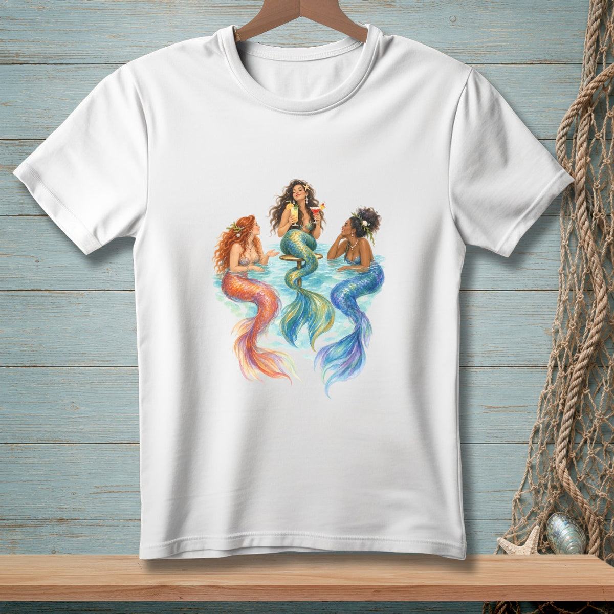 Three mermaids with colorful tails relax in the water, holding drinks.
